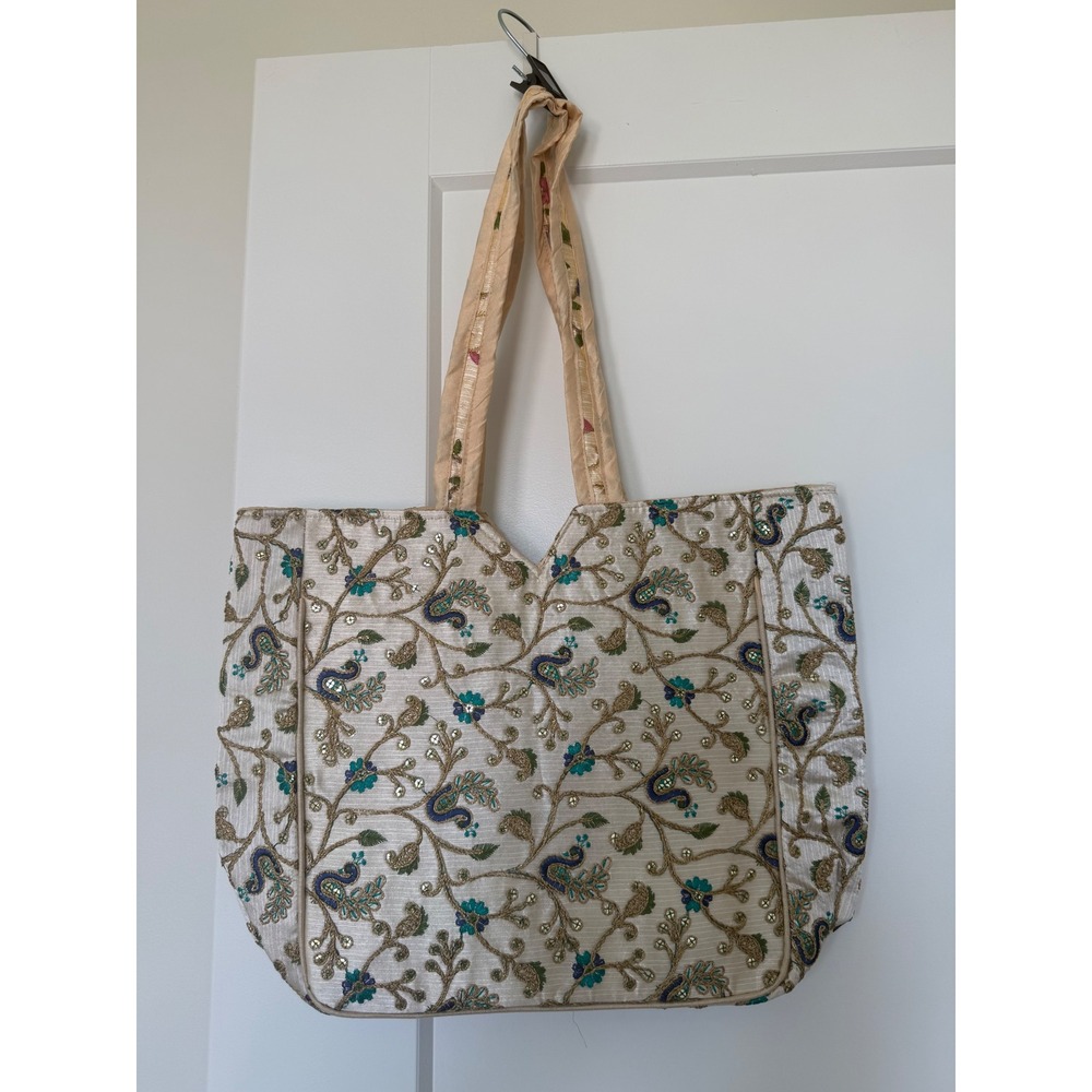 Handmade Silk Embroidered Indian Peacock Tote Bag Gold Thread Mirror Work Cream